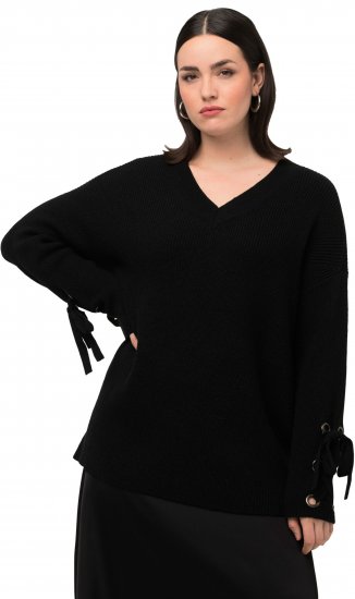 Ulla Popken Lace-Up Cuff Long Sleeve V-Neck Sweater Black - Hoodies & Sweatshirts - 