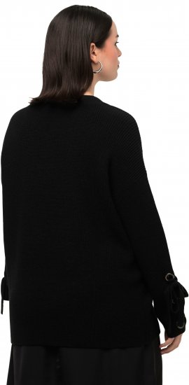 Ulla Popken Lace-Up Cuff Long Sleeve V-Neck Sweater Black - Hoodies & Sweatshirts - 