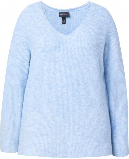 Ulla Popken Long Sleeve V-Neck Ribbed Knit Sweater Light Blue - Hoodies & Sweatshirts - 