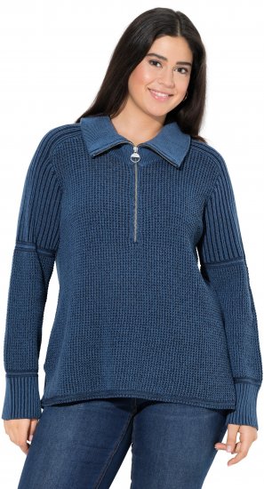 Ulla Popken Two-Tone Mixed Knit Troyer Collar Sweater Navy - Hoodies & Sweatshirts - Kuschelige Sweatshirts & Strick