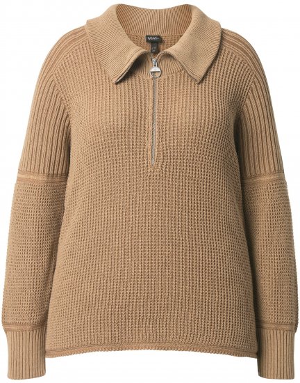 Ulla Popken Two-Tone Mixed Knit Troyer Collar Sweater Caramel - Hoodies & Sweatshirts - Kuschelige Sweatshirts & Strick