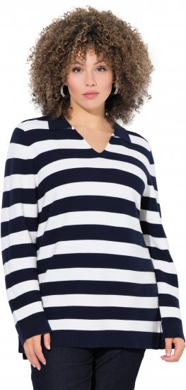 Ulla Popken Striped Polo Collar Long Sleeve Sweater Navy - Hoodies & Sweatshirts - Kuschelige Sweatshirts & Strick