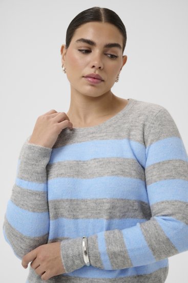 Kaffe Curve Niela Gestreifter Pullover Hellgrau/Blau - Pullover & Strickmode - 
