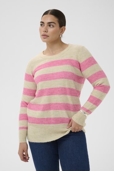 Kaffe Curve Niela Gestreifter Pullover Federgrau/Pink Melange - Pullover & Strickmode - 