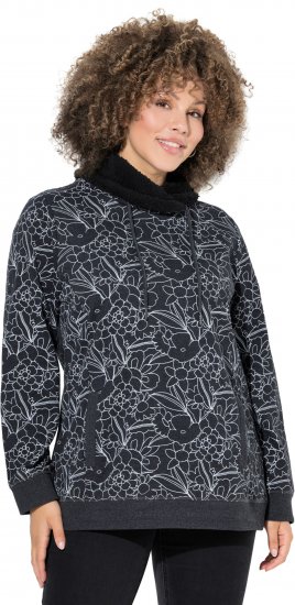 Ulla Popken Teddy Collar Printed Sweatshirt Black - Hoodies & Sweatshirts - 