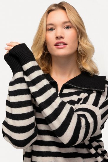 Ulla Popken Striped Troyer Collar Sweater Black - Hoodies & Sweatshirts - Kuschelige Sweatshirts & Strick