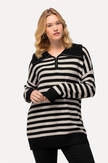 Ulla Popken Striped Troyer Collar Sweater Black - Hoodies & Sweatshirts - Kuschelige Sweatshirts & Strick