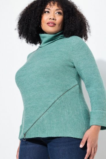Ulla Popken Asymmetric Zipper Turtleneck Sweater Green - Hoodies & Sweatshirts - Kuschelige Sweatshirts & Strick
