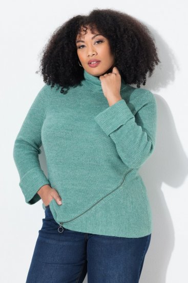 Ulla Popken Asymmetric Zipper Turtleneck Sweater Green - Hoodies & Sweatshirts - Kuschelige Sweatshirts & Strick
