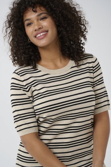 Kaffe Curve Lizzy Gestreifter Pullover Beige/Schwarz gestreift - Bedruckte T-shirts für herren - 