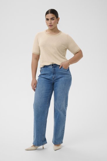 Kaffe Curve Lizzy Knit T-Shirt Feather Melange/Chalk Fine Stripe - T-Shirts - 