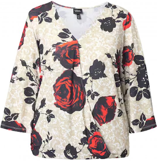 Ulla Popken Rose Print Faux Wrap Top Off-White - T-Shirts - 