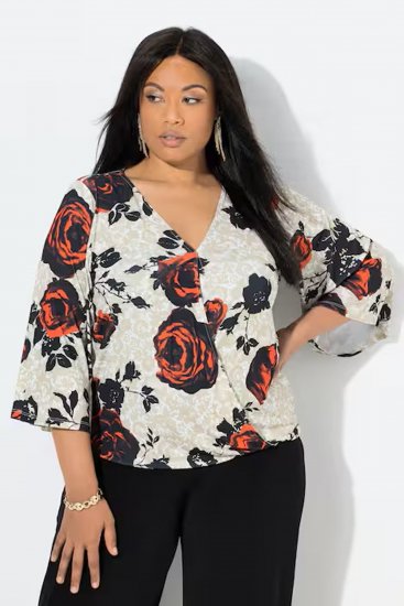 Ulla Popken Rose Print Faux Wrap Top Off-White - T-Shirts - 