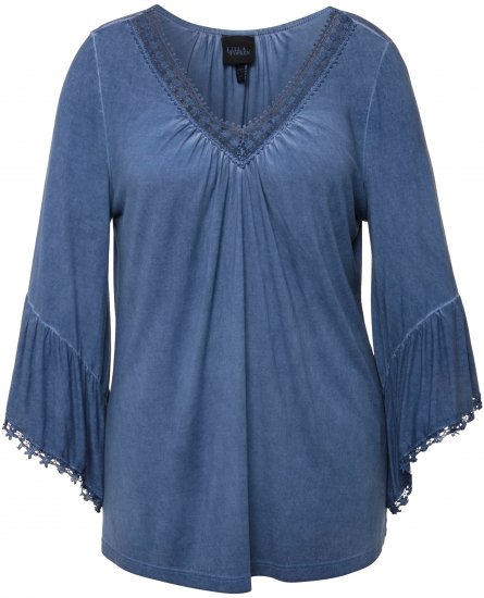 Ulla Popken Trumpet Sleeve Cold Dyed Tee Dove Blue - Bedruckte T-shirts für herren - Bedruckte Damen-T-Shirts