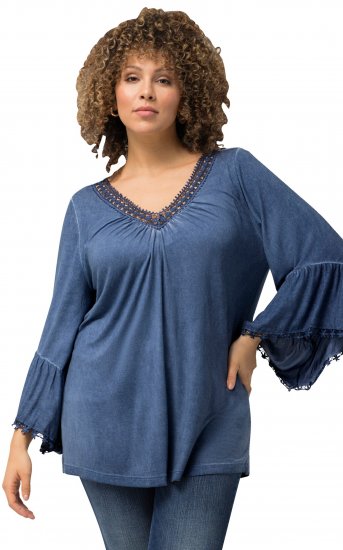 Ulla Popken Trumpet Sleeve Cold Dyed Tee Dove Blue - Bedruckte T-shirts für herren - Bedruckte Damen-T-Shirts