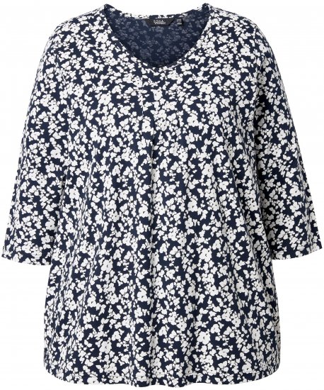 Ulla Popken Floral 3/4 Sleeve V-Neck A-Line Tee Navy - T-Shirts - T-Shirts für Damen