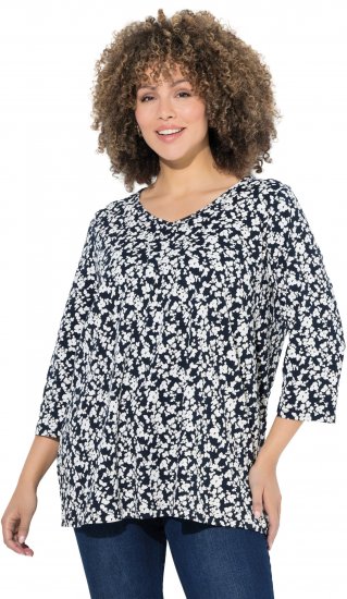 Ulla Popken Floral 3/4 Sleeve V-Neck A-Line Tee Navy - T-Shirts - T-Shirts für Damen