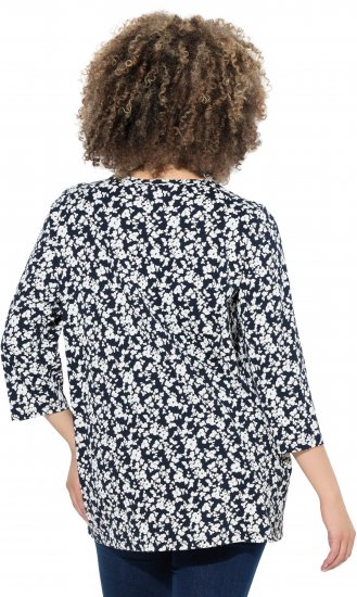 Ulla Popken Floral 3/4 Sleeve V-Neck A-Line Tee Navy - T-Shirts - T-Shirts für Damen