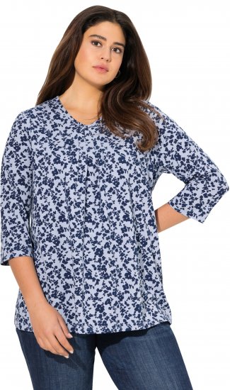 Ulla Popken Floral 3/4 Sleeve V-Neck A-Line Tee Blue - T-Shirts - T-Shirts für Damen