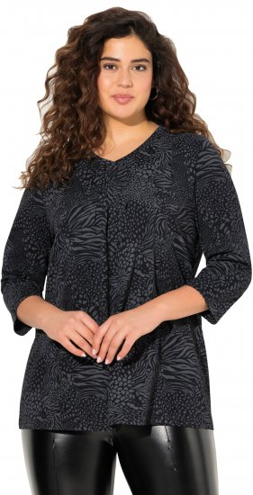 Ulla Popken Animal Print 3/4 Sleeve V-Neck Tee Black - T-Shirts - 
