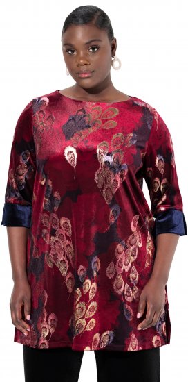 Ulla Popken Velvet Peacock Feather 3/4 Sleeve Tunic Blouse Wine Red - T-Shirts - 