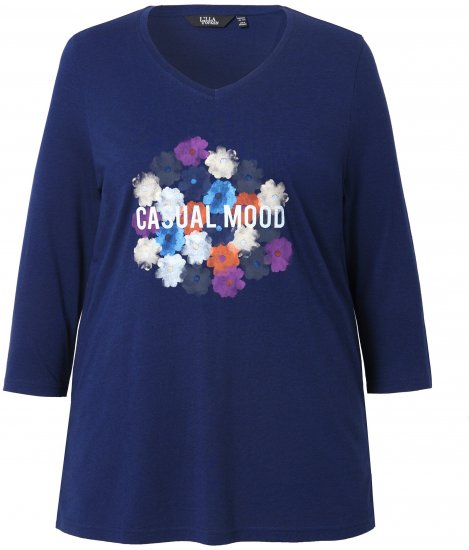 Ulla Popken Casual Mood Floral V-Neck Tee Navy - T-Shirts - 