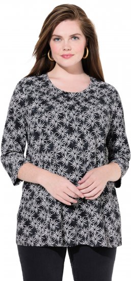 Ulla Popken Graphic Flower A-Line 3/4 Sleeve Tee Black - T-Shirts - T-Shirts für Damen