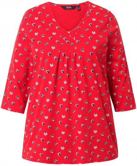 Ulla Popken Minimal Floral Print 3/4 Sleeve Tee Neon Red - Bedruckte T-shirts für herren - Bedruckte Damen-T-Shirts