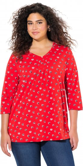 Ulla Popken Minimal Floral Print 3/4 Sleeve Tee Neon Red - Bedruckte T-shirts für herren - Bedruckte Damen-T-Shirts