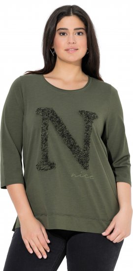 Ulla Popken Textured Lettering 3/4 Sleeve Tee Olive - Bedruckte T-shirts für herren - 