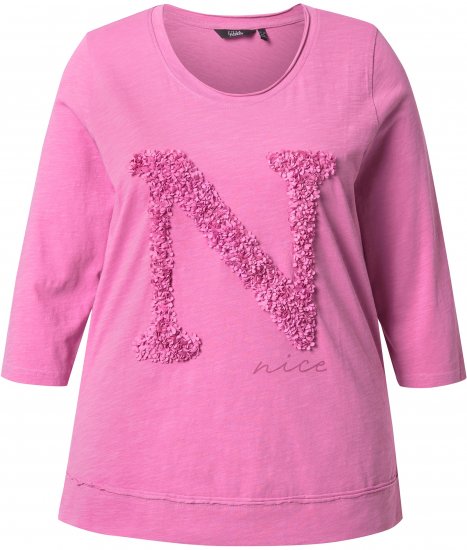 Ulla Popken Textured Lettering 3/4 Sleeve Tee Pink - Bedruckte T-shirts für herren - Bedruckte Damen-T-Shirts