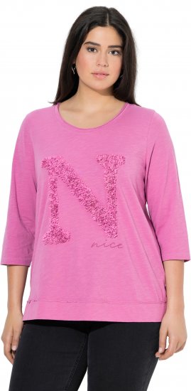 Ulla Popken Textured Lettering 3/4 Sleeve Tee Pink - Bedruckte T-shirts für herren - Bedruckte Damen-T-Shirts