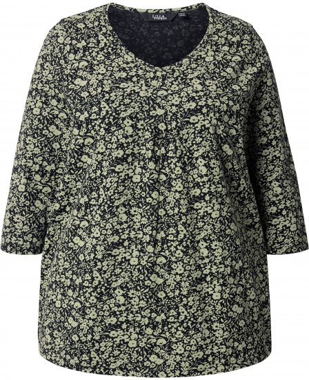 Ulla Popken Pleated Floral Print 3/4 Sleeve Tee Pond Green - Bedruckte T-shirts für herren - Bedruckte Damen-T-Shirts