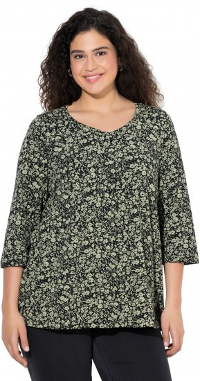 Ulla Popken Pleated Floral Print 3/4 Sleeve Tee Pond Green - Bedruckte T-shirts für herren - Bedruckte Damen-T-Shirts