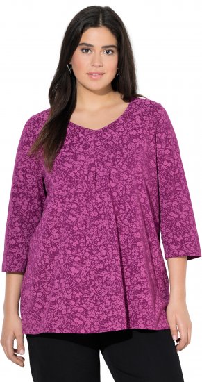 Ulla Popken Pleated Floral Print 3/4 Sleeve Tee Raspberry - Bedruckte T-shirts für herren - 