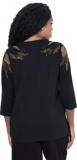 Ulla Popken Feather Beadwork 3/4 Sleeve Top Black - Bedruckte T-shirts für herren - 