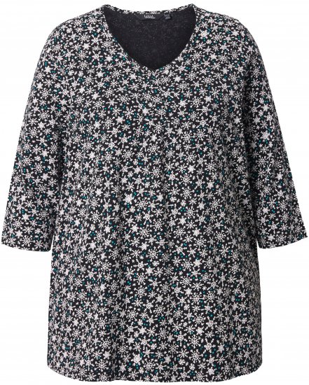 Ulla Popken Snowflake Print 3/4 Sleeve Tee Black - T-Shirts - T-Shirts für Damen
