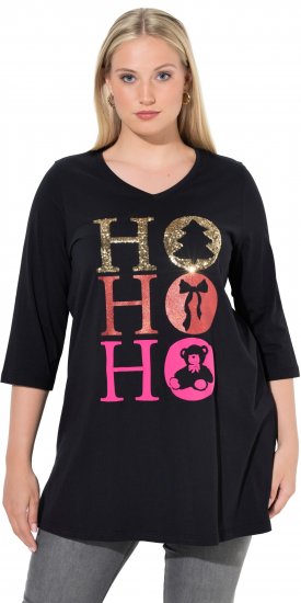 Ulla Popken Ho Ho Ho 3/4 Sleeve Graphic Tunic Tee Black - T-Shirts - T-Shirts für Damen