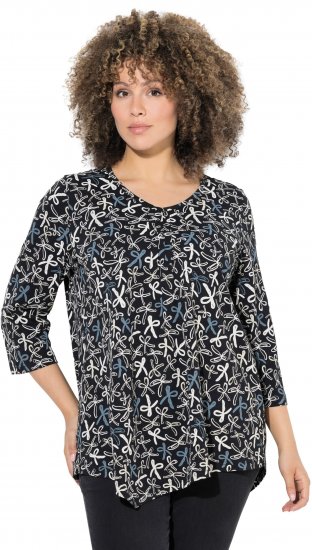 Ulla Popken Ribbon Print 3/4 Sleeve Asymmetric Tee Black - Bedruckte T-shirts für herren - 