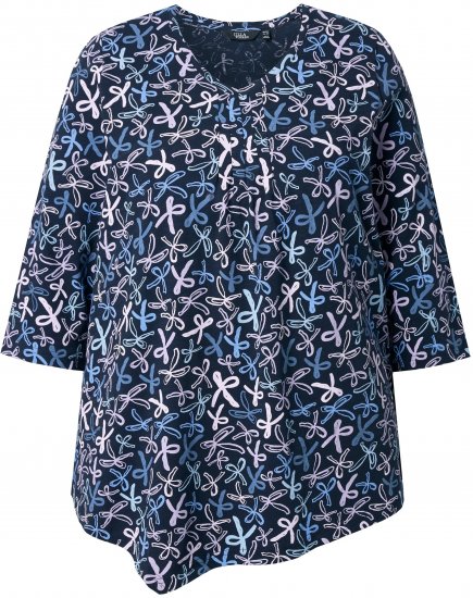 Ulla Popken Ribbon Print 3/4 Sleeve Asymmetric Tee Navy - Bedruckte T-shirts für herren - Bedruckte Damen-T-Shirts
