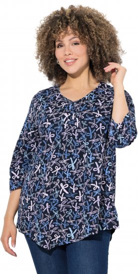 Ulla Popken Ribbon Print 3/4 Sleeve Asymmetric Tee Navy - Bedruckte T-shirts für herren - Bedruckte Damen-T-Shirts