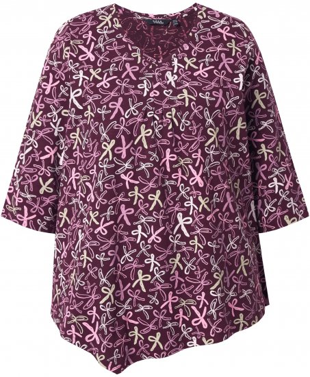 Ulla Popken Ribbon Print 3/4 Sleeve Asymmetric Tee Plum - Bedruckte T-shirts für herren - 