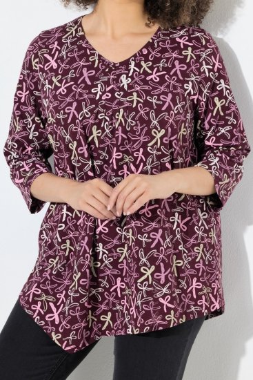 Ulla Popken Ribbon Print 3/4 Sleeve Asymmetric Tee Plum - Bedruckte T-shirts für herren - Bedruckte Damen-T-Shirts