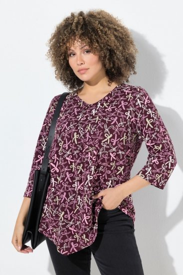Ulla Popken Ribbon Print 3/4 Sleeve Asymmetric Tee Plum - Bedruckte T-shirts für herren - Bedruckte Damen-T-Shirts