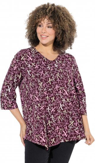 Ulla Popken Ribbon Print 3/4 Sleeve Asymmetric Tee Plum - Bedruckte T-shirts für herren - 