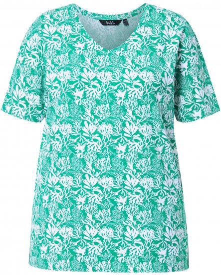 Ulla Popken Coral Reef Printed Short Sleeve V-Neck Tee Emerald - Bedruckte T-shirts für herren - 