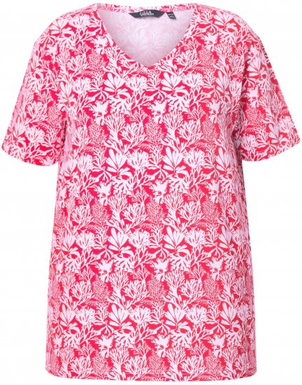 Ulla Popken Coral Reef Printed Short Sleeve V-Neck Tee Lychee - Bedruckte T-shirts für herren - 