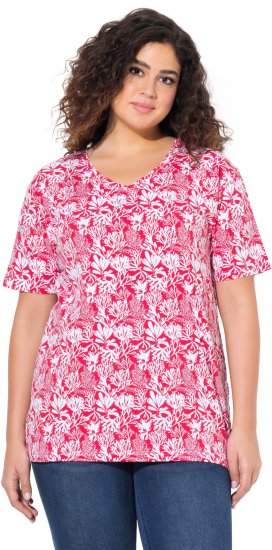 Ulla Popken Coral Reef Printed Short Sleeve V-Neck Tee Lychee - Bedruckte T-shirts für herren - 
