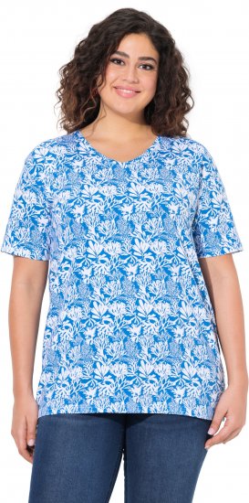 Ulla Popken Coral Reef Printed Short Sleeve V-Neck Tee Teal Blue - Bedruckte T-shirts für herren - 