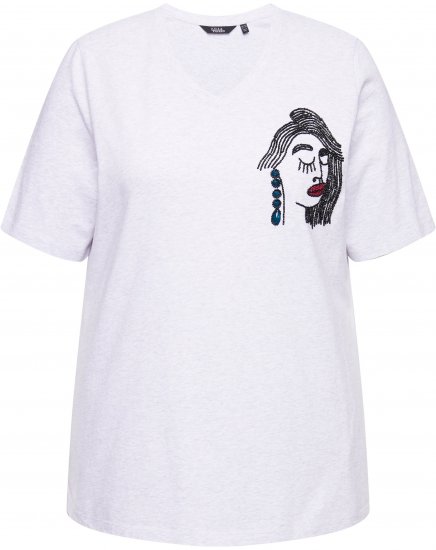 Ulla Popken Embroidered Face Motif Short Sleeve V-Neck Tee Light Grey Melange - Bedruckte T-shirts für herren - 
